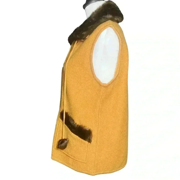 Vintage 90s Mustard 100% Boiled Wool Brown Faux Fur Collar Vest. Size Medium EUC - Picture 3 of 9